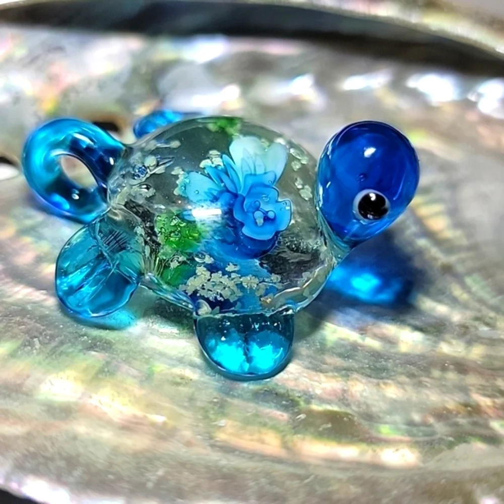 NEW Handcrafted Blown Art Glass Turtle Charm Pendant Floral with Luminous Specks